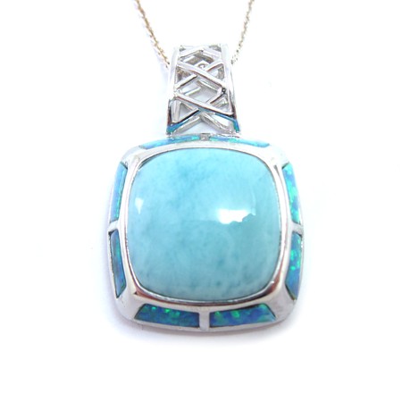 Square Larimar and Blue Opal Sterling Silver Pendant - Click Image to Close